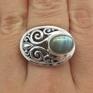 925 Sterling Silver Vintage Real Labradorite Ornate Ring Size 7.25