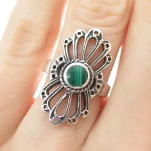 925 Sterling Silver Vintage Real Malachite Gem Floral Oxidized Ring Size 4.75