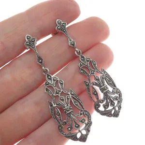 925 Sterling Silver Vintage Real Marcasite Gem Ornate Long Dangle Earrings
