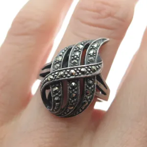 925 Sterling Silver Vintage Real Marcasite Gemstone Modernist Ring Size 7