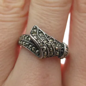 925 Sterling Silver Vintage Real Marcasite Wavy Oxidized Ring Size 8