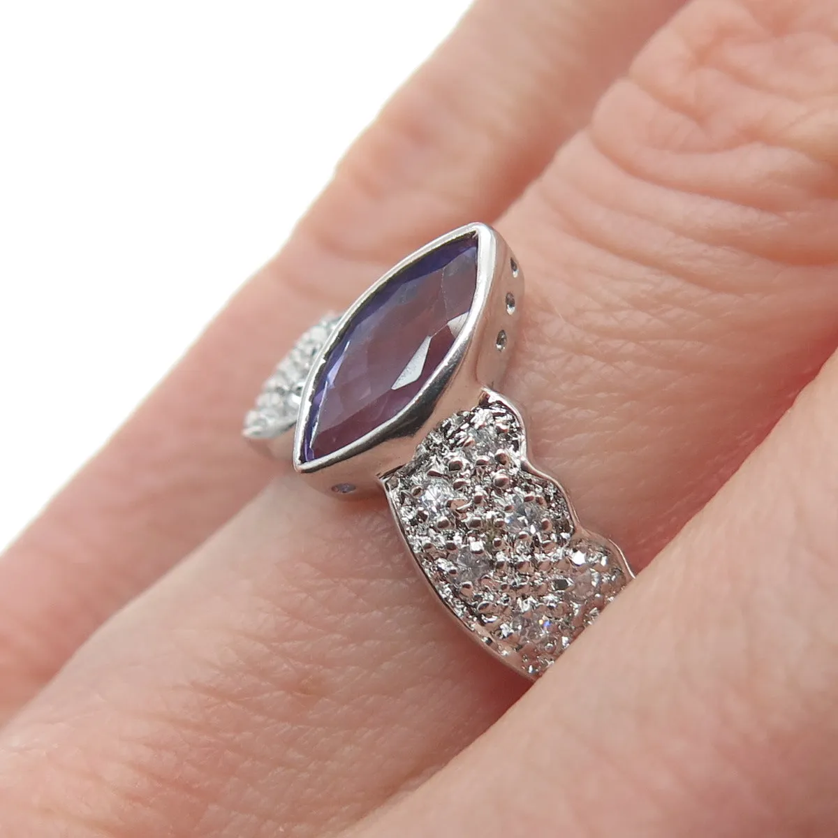 925 Sterling Silver Vintage Real Pear-Cut Amethyst & Round-Cut C Z Ring Size 6.5