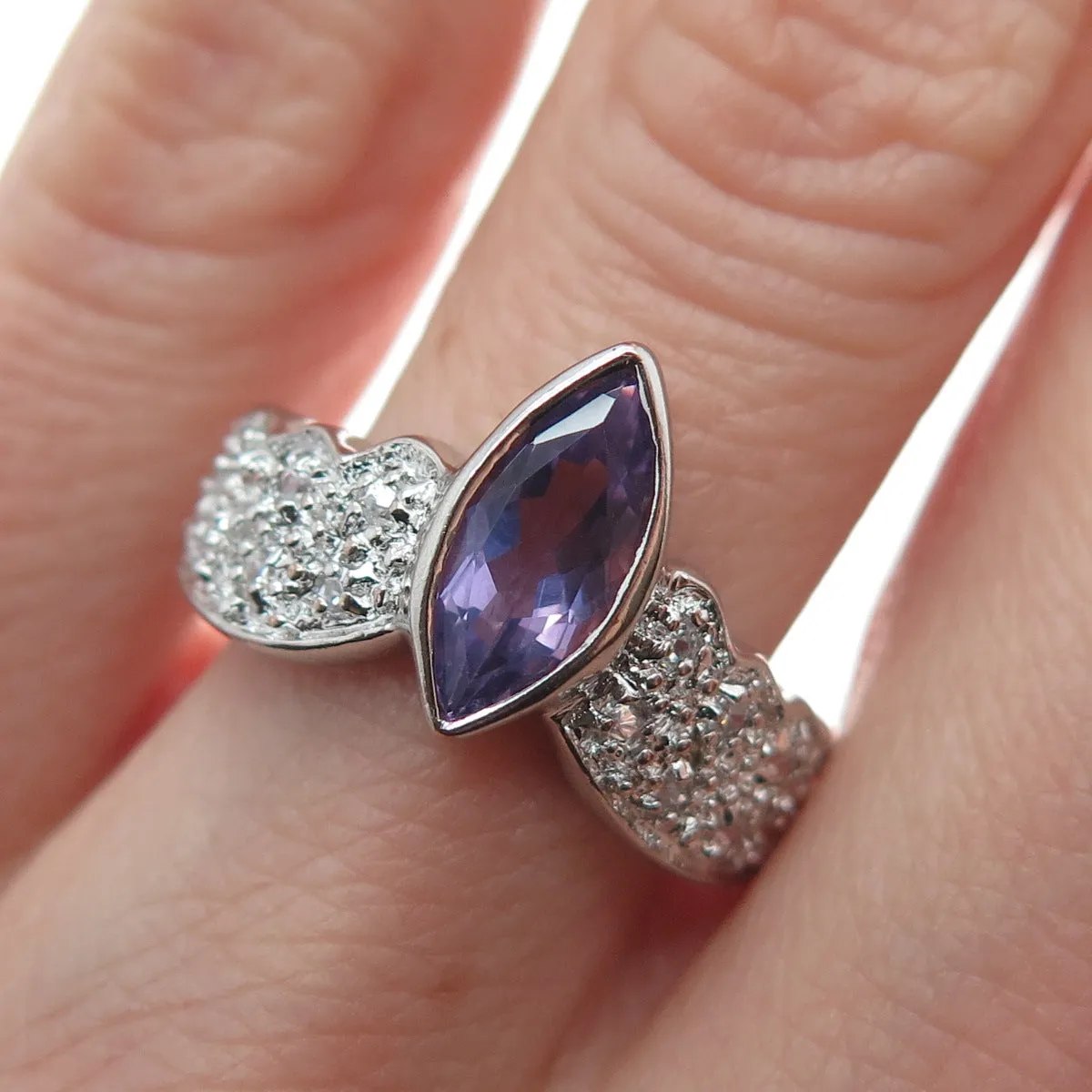 925 Sterling Silver Vintage Real Pear-Cut Amethyst & Round-Cut C Z Ring Size 6.5