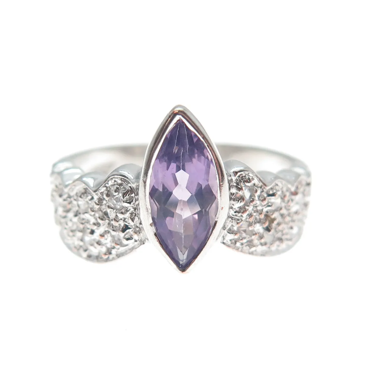 925 Sterling Silver Vintage Real Pear-Cut Amethyst & Round-Cut C Z Ring Size 6.5