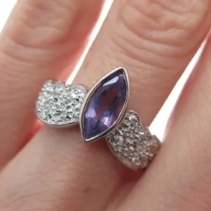 925 Sterling Silver Vintage Real Pear-Cut Amethyst & Round-Cut C Z Ring Size 6.5