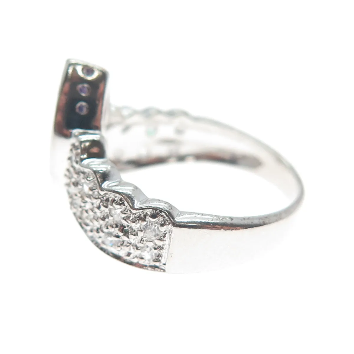 925 Sterling Silver Vintage Real Pear-Cut Amethyst & Round-Cut C Z Ring Size 6.5