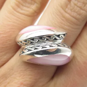 925 Sterling Silver Vintage Real Pink MOP Modernist Bypass Ring Size 7
