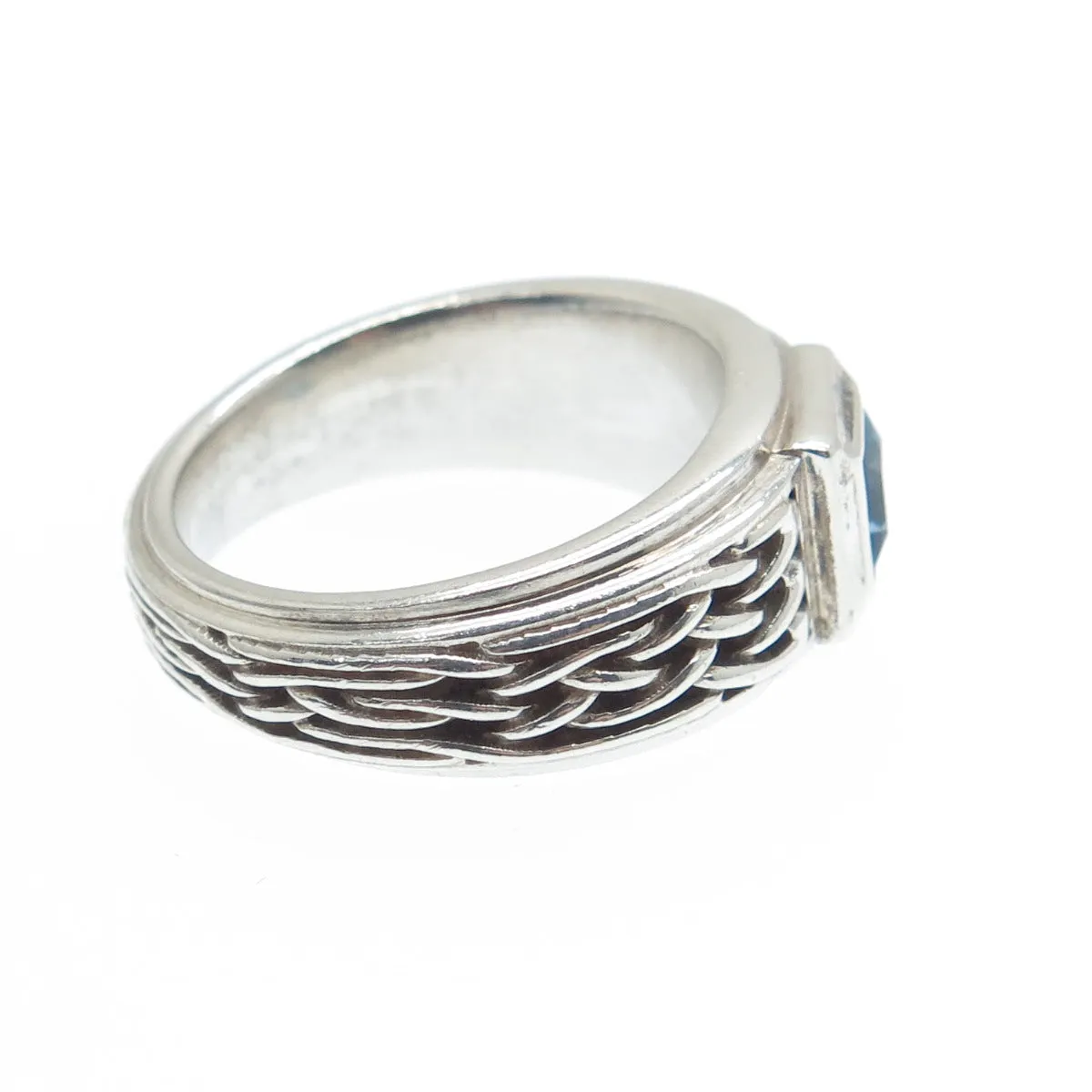 925 Sterling Silver Vintage Real Princess-Cut London Blue Topaz Mesh Ring Size 7