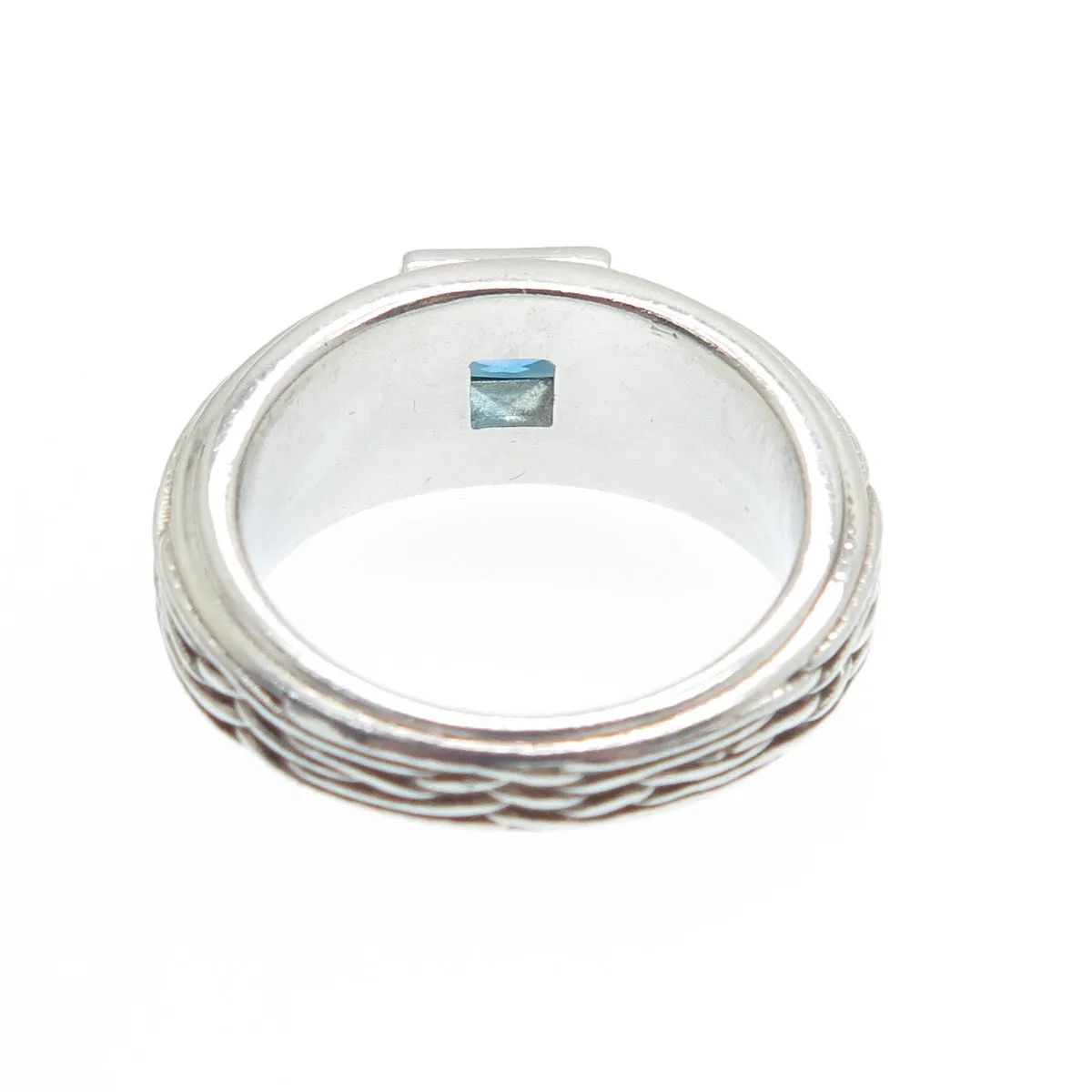 925 Sterling Silver Vintage Real Princess-Cut London Blue Topaz Mesh Ring Size 7