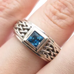 925 Sterling Silver Vintage Real Princess-Cut London Blue Topaz Mesh Ring Size 7