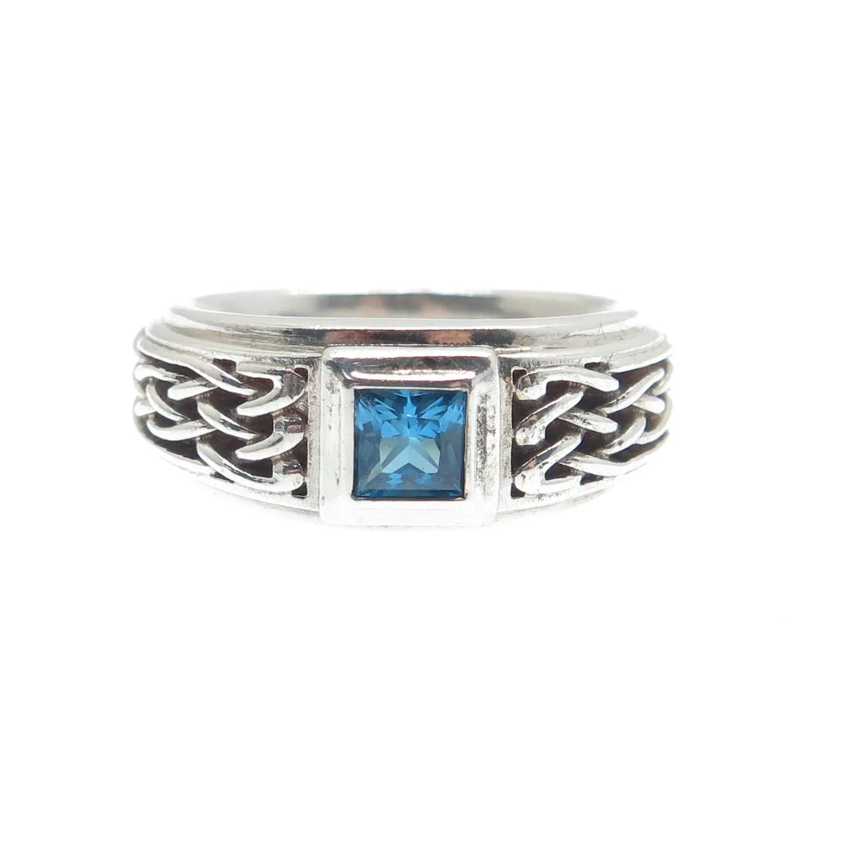 925 Sterling Silver Vintage Real Princess-Cut London Blue Topaz Mesh Ring Size 7