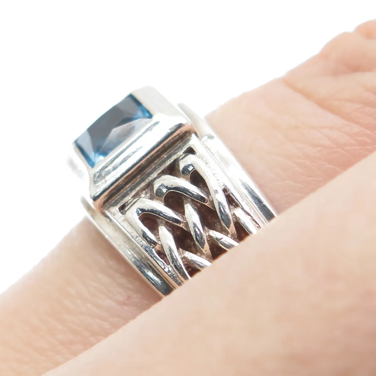 925 Sterling Silver Vintage Real Princess-Cut London Blue Topaz Mesh Ring Size 7
