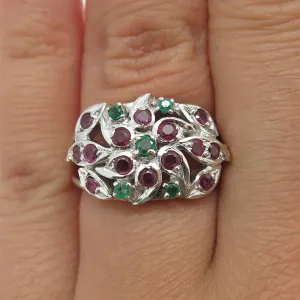 925 Sterling Silver Vintage Real Round-Cut Ruby & Emerald Flower Ring Size 5.75