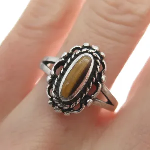 925 Sterling Silver Vintage Real Tiger Eye Gemstone Ornate Frame Ring Size 8.5