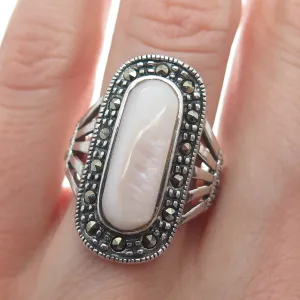 925 Sterling Silver Vintage Rose Mother-of-Pearl & Marcasite Gem Ring Size 6