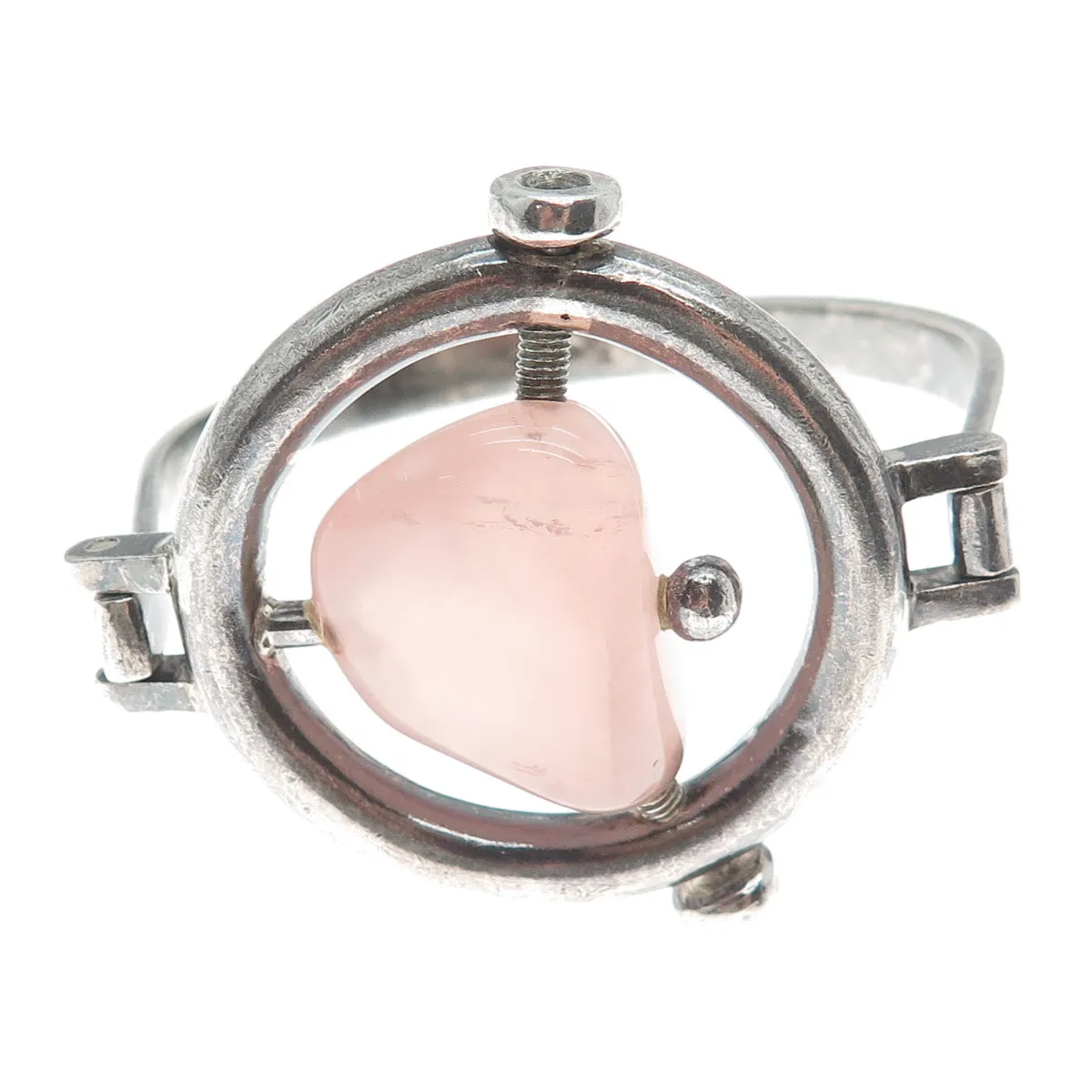 925 Sterling Silver Vintage RP Poland Real Rose Quartz Modernist Bracelet 6.25"