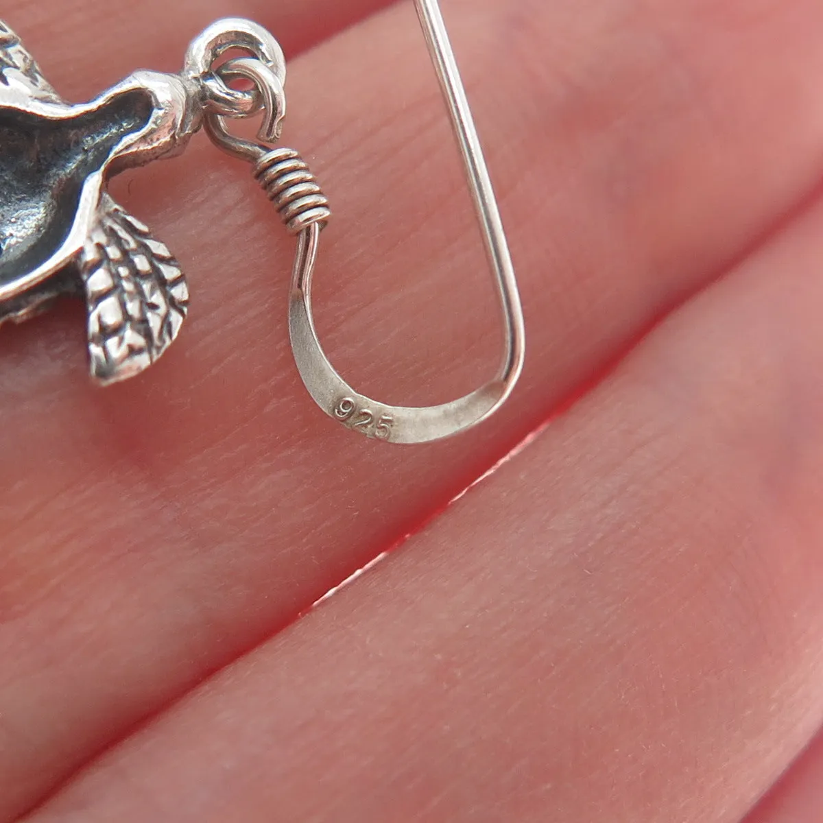 925 Sterling Silver Vintage Turtle Oxidized Dangle Hook Earrings