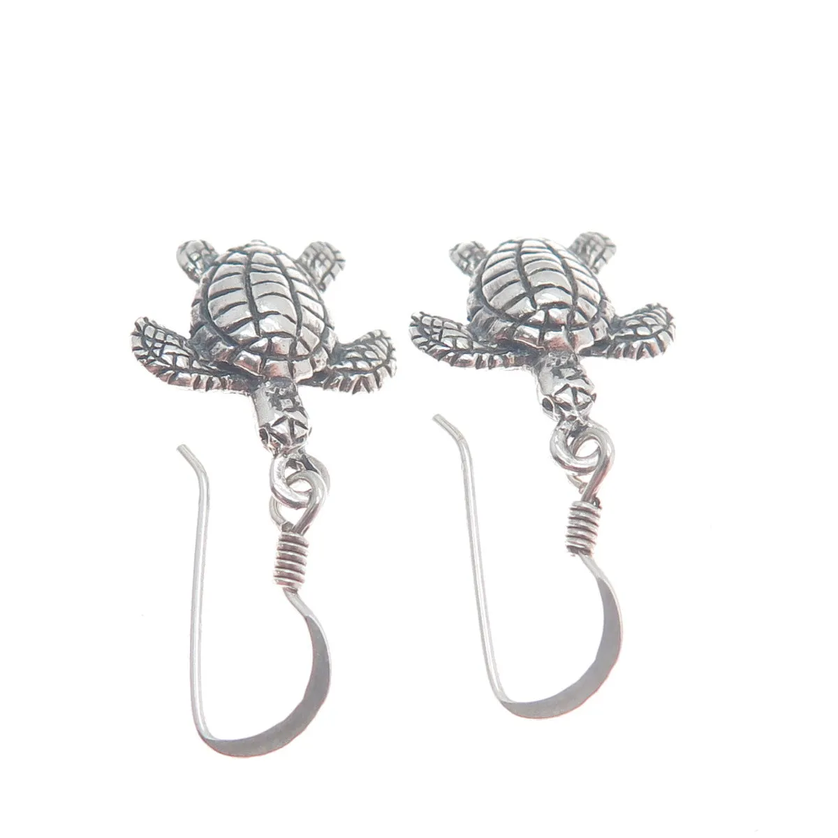 925 Sterling Silver Vintage Turtle Oxidized Dangle Hook Earrings