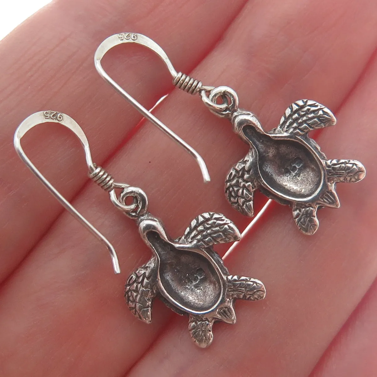 925 Sterling Silver Vintage Turtle Oxidized Dangle Hook Earrings