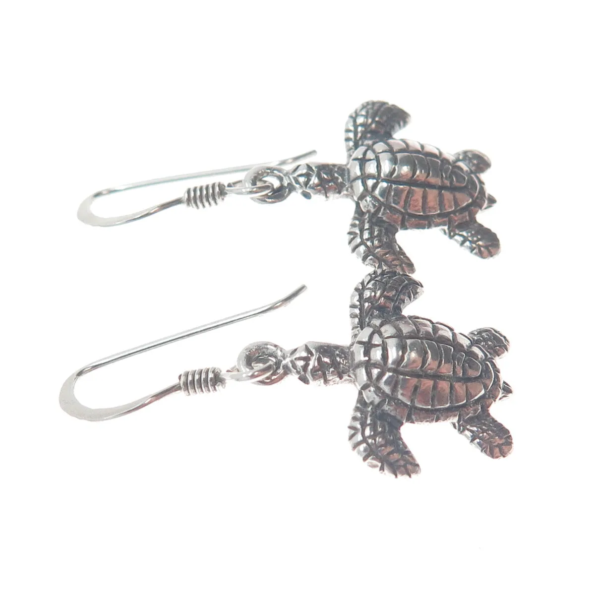 925 Sterling Silver Vintage Turtle Oxidized Dangle Hook Earrings