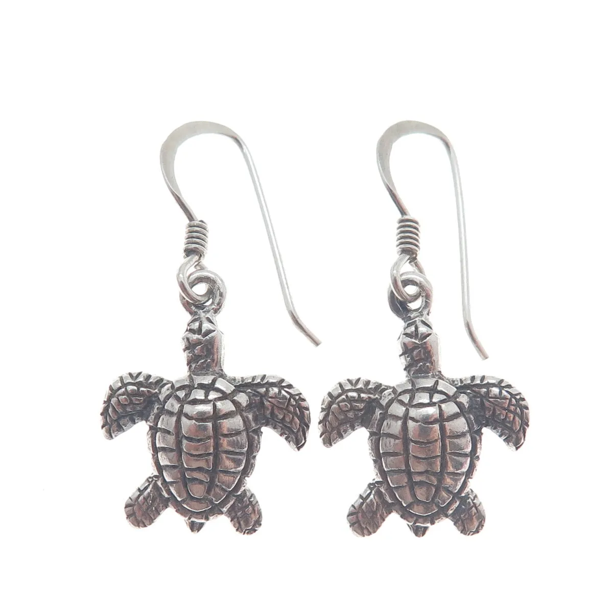 925 Sterling Silver Vintage Turtle Oxidized Dangle Hook Earrings