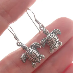 925 Sterling Silver Vintage Turtle Oxidized Dangle Hook Earrings