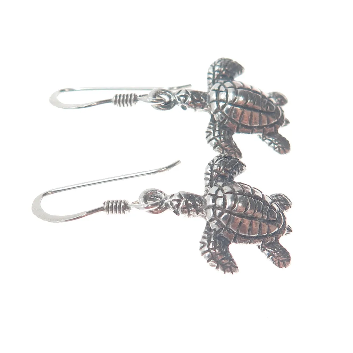 925 Sterling Silver Vintage Turtle Oxidized Dangle Hook Earrings