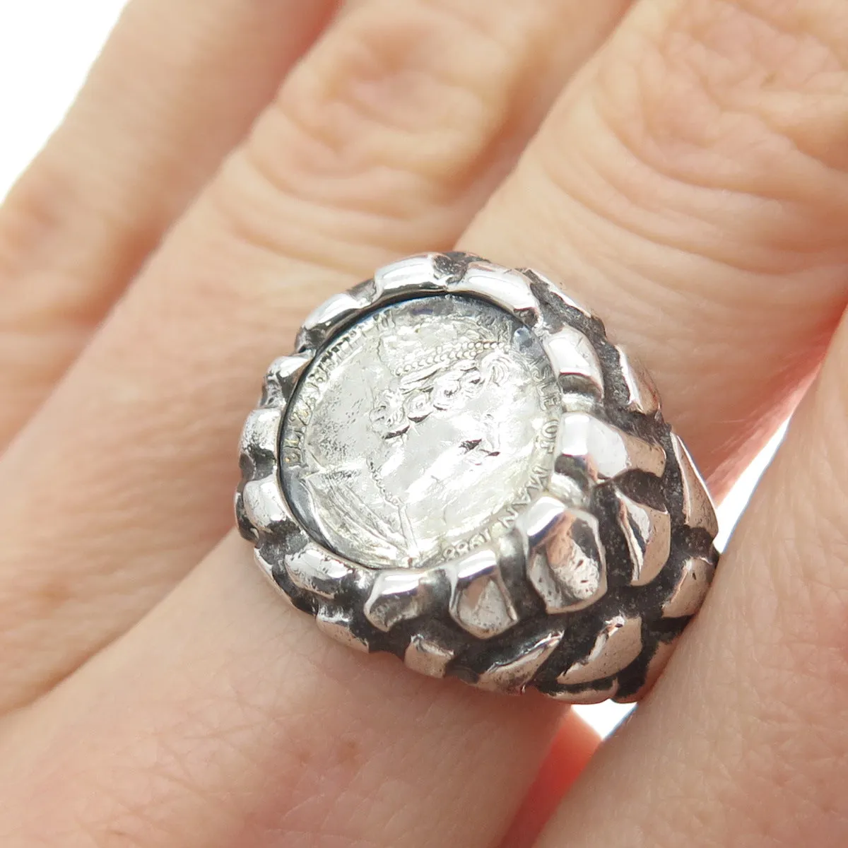 925 Sterling Vintage 1988 Elizabeth II Isle of Man Coin Ring Size 8.25