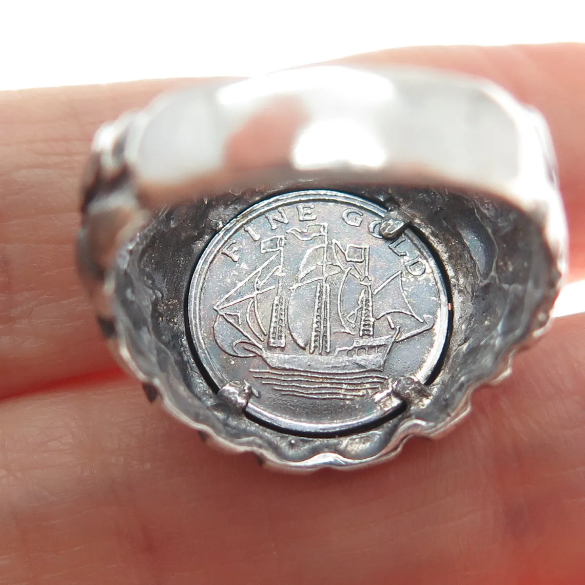 925 Sterling Vintage 1988 Elizabeth II Isle of Man Coin Ring Size 8.25