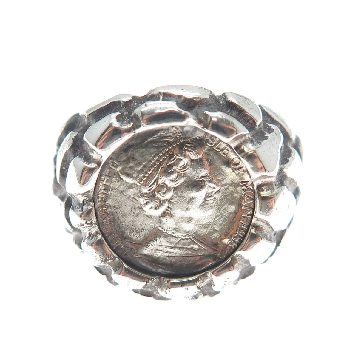 925 Sterling Vintage 1988 Elizabeth II Isle of Man Coin Ring Size 8.25