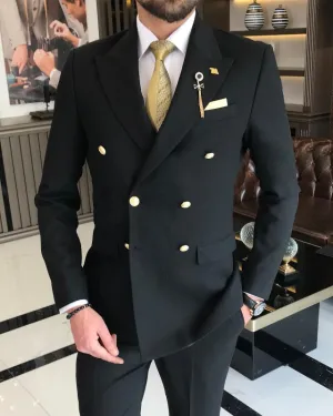 Adam Newest Black Double Breasted Slim Fit Peaked Lapel Business Suits For Men