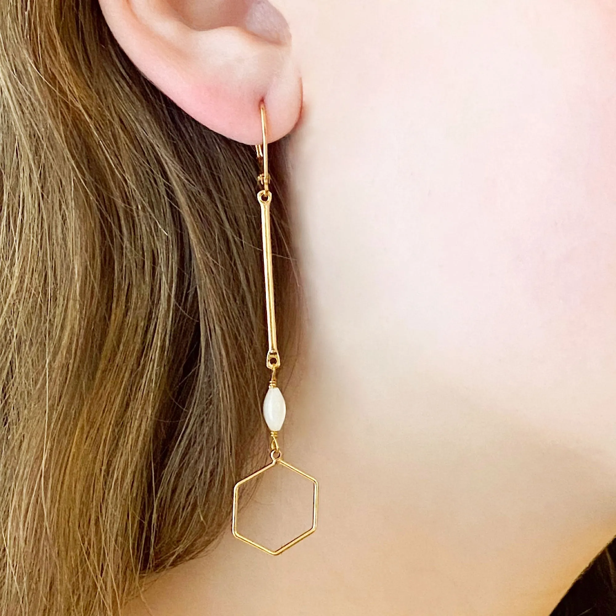 AINSLAY long gold hexagon earrings