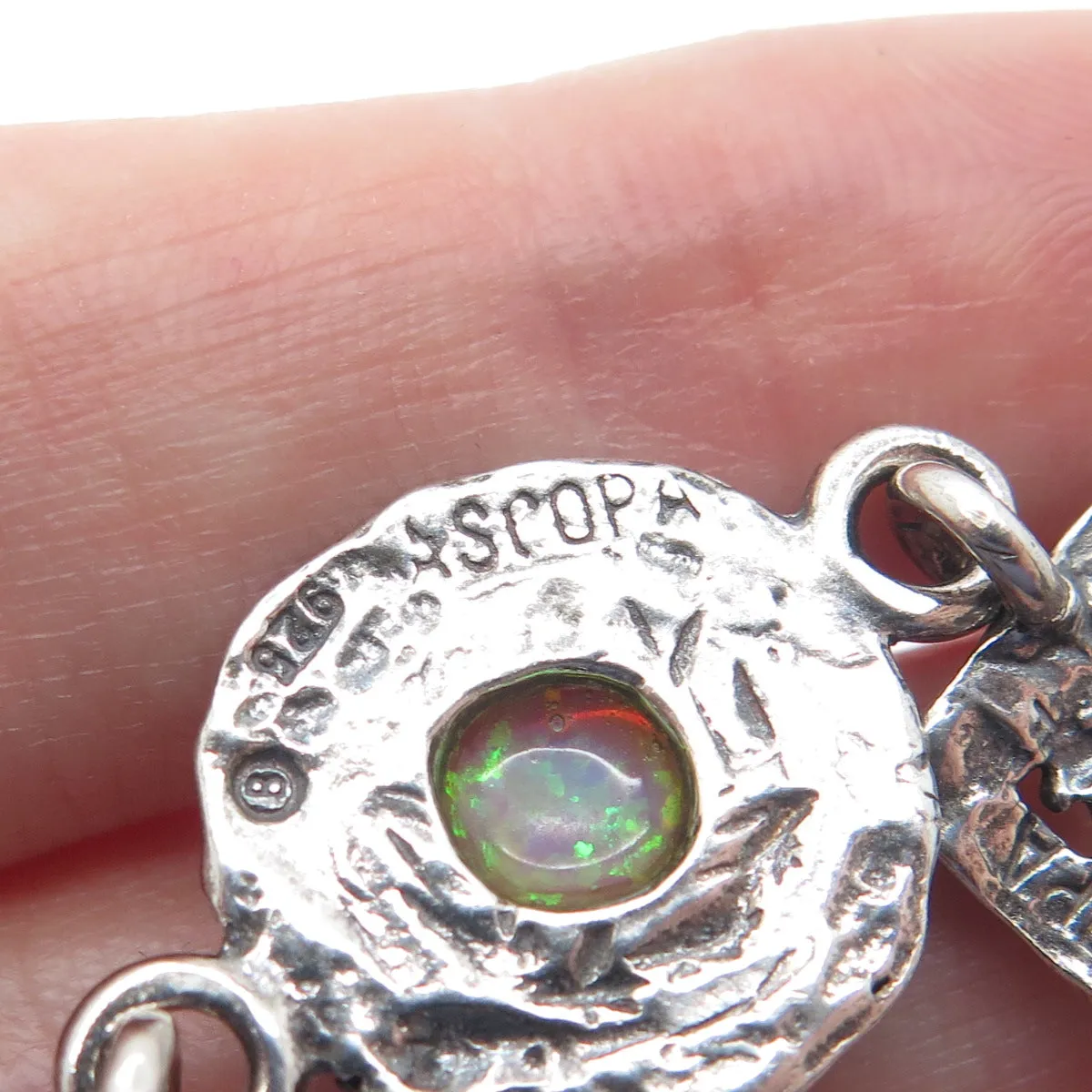 ASCOPA 925 Sterling Silver Vintage Real Opal Floral Panel Link Bracelet 7.5"