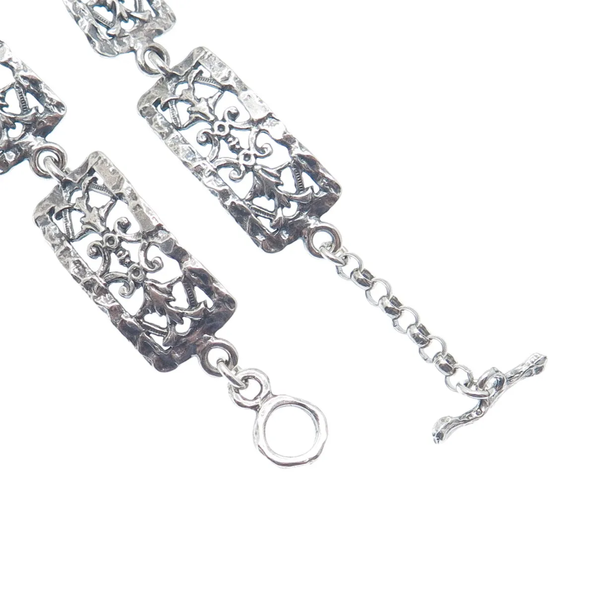ASCOPA 925 Sterling Silver Vintage Real Opal Floral Panel Link Bracelet 7.5"
