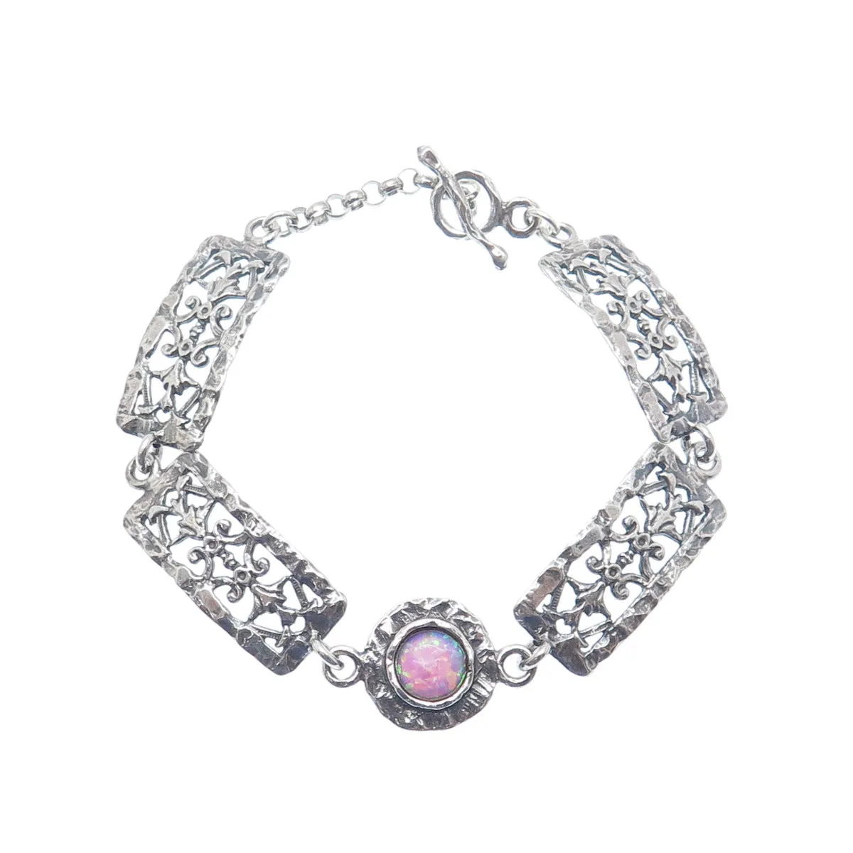 ASCOPA 925 Sterling Silver Vintage Real Opal Floral Panel Link Bracelet 7.5"