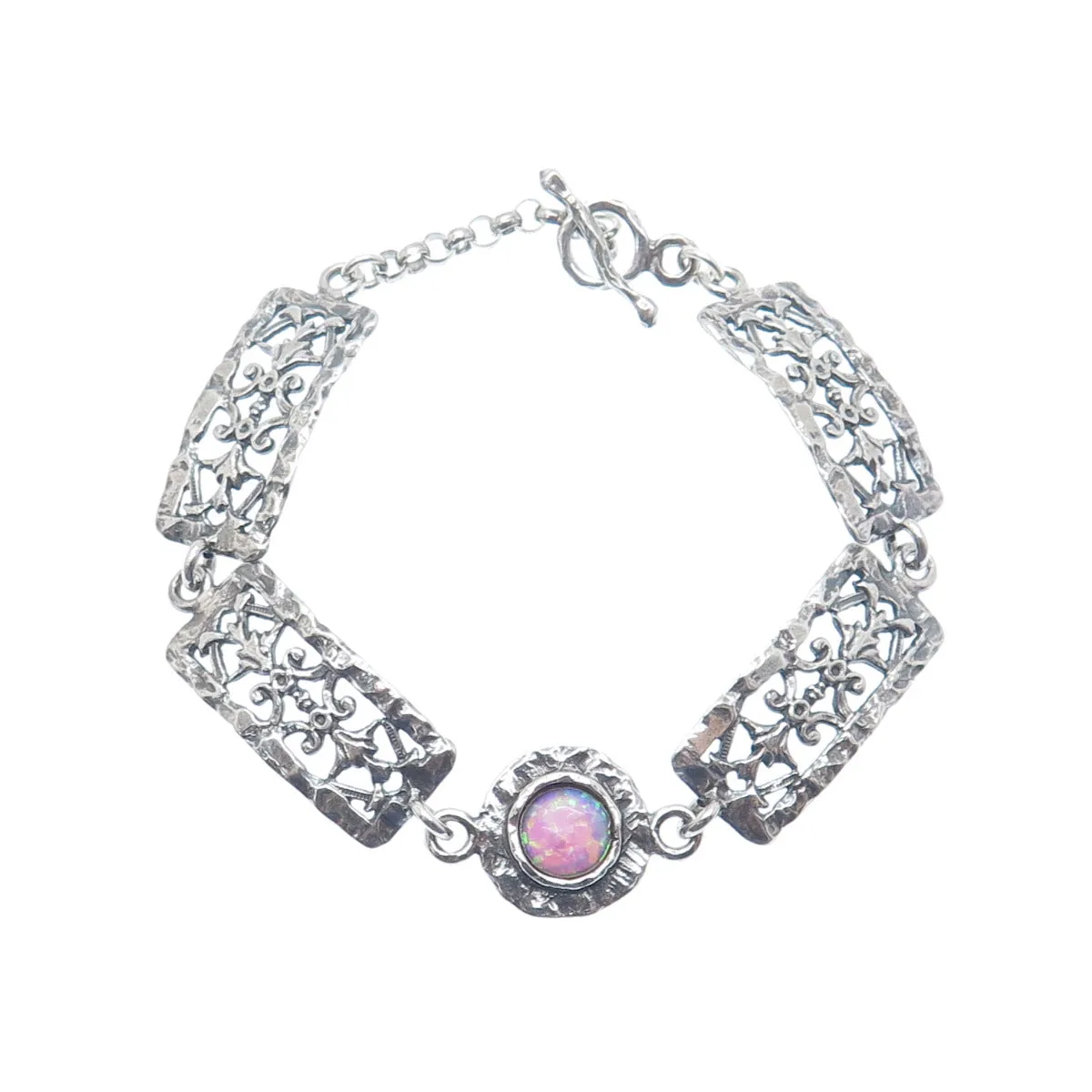 ASCOPA 925 Sterling Silver Vintage Real Opal Floral Panel Link Bracelet 7.5"