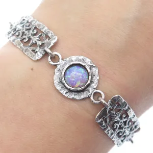 ASCOPA 925 Sterling Silver Vintage Real Opal Floral Panel Link Bracelet 7.5"