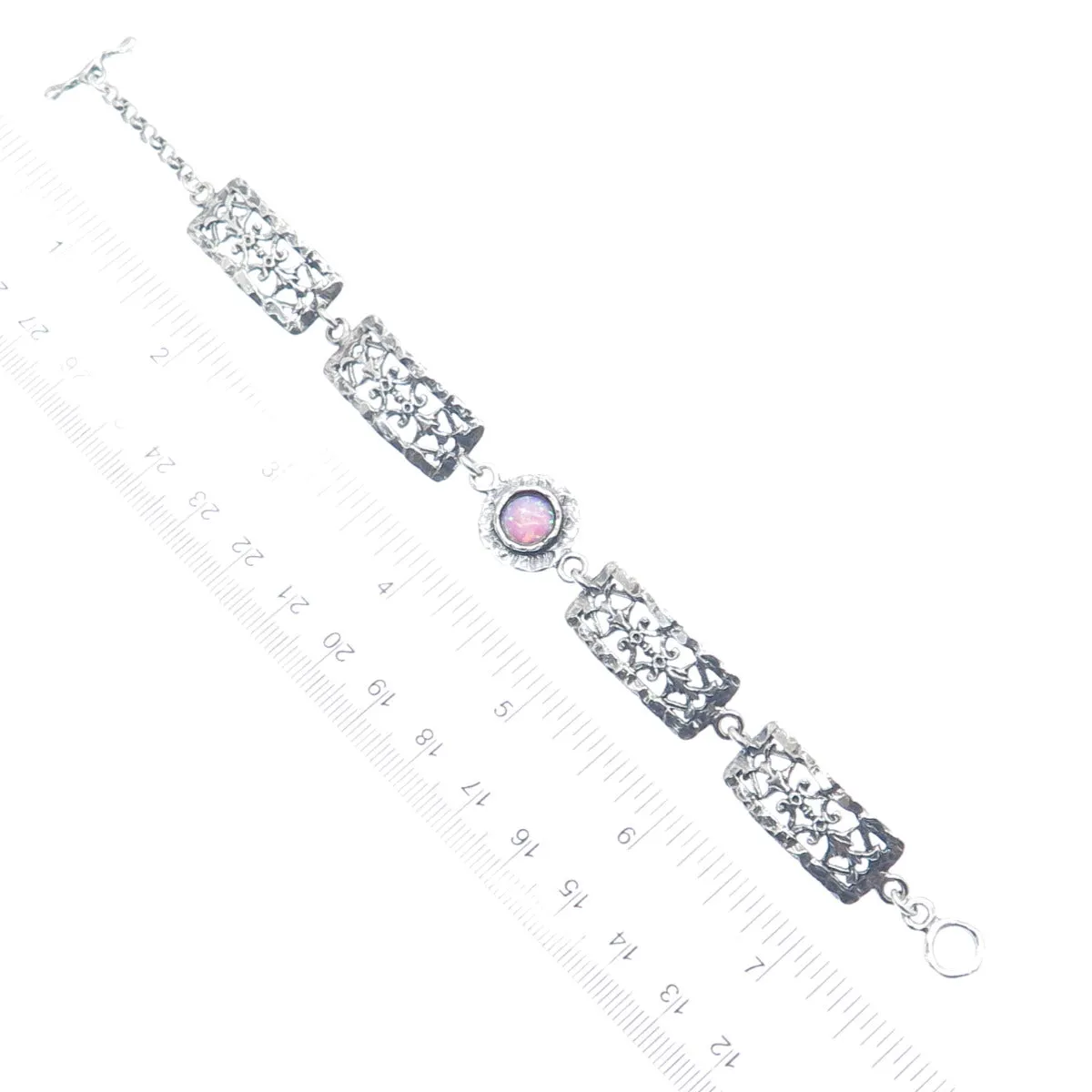 ASCOPA 925 Sterling Silver Vintage Real Opal Floral Panel Link Bracelet 7.5"