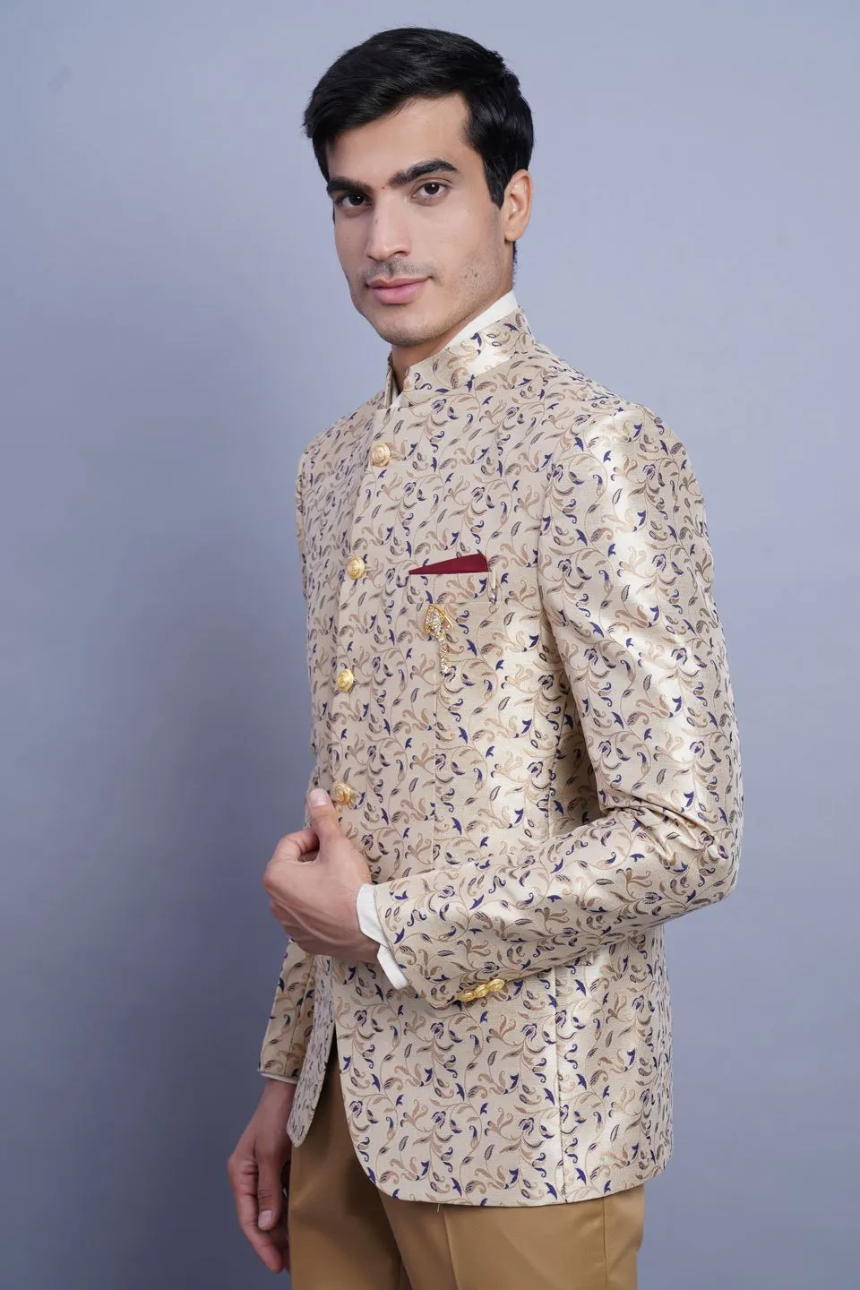 Banarasi Rayon Cotton Beige Bandhgala