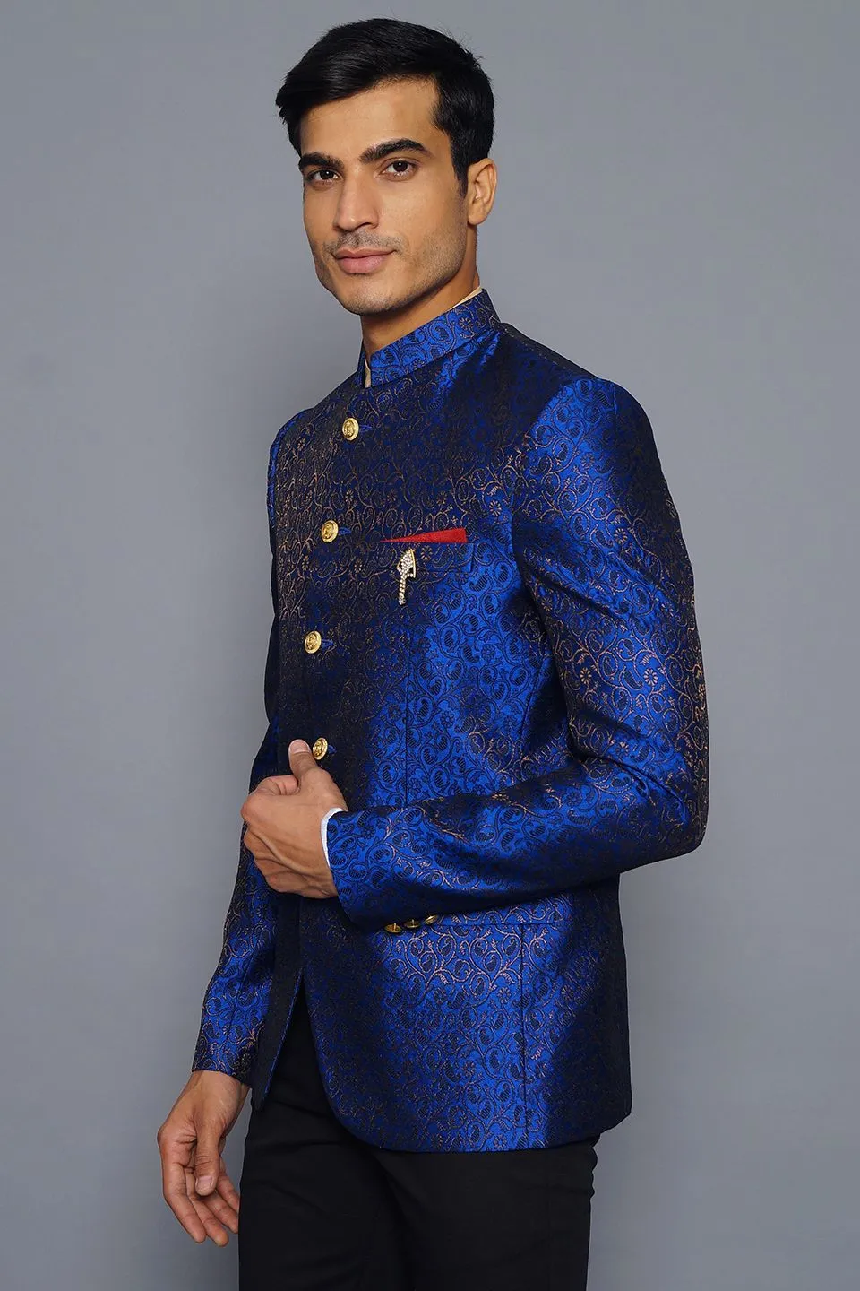 Banarasi Rayon Cotton Blue Bandhgala