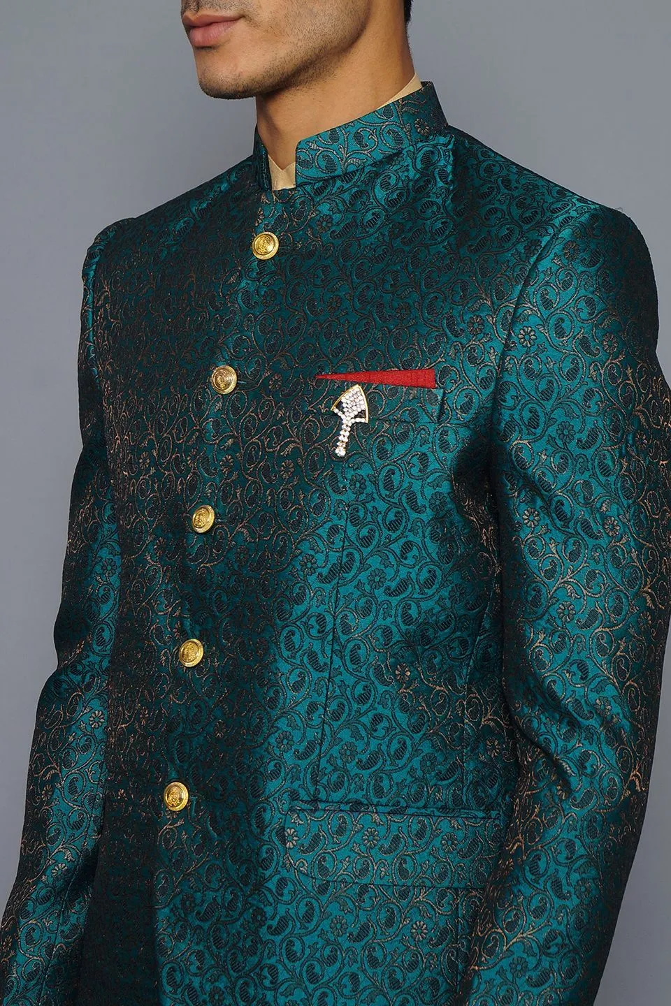 Banarasi Rayon Cotton Green Bandhgala