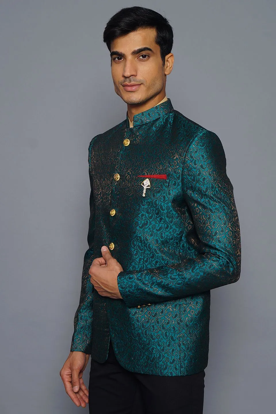 Banarasi Rayon Cotton Green Bandhgala