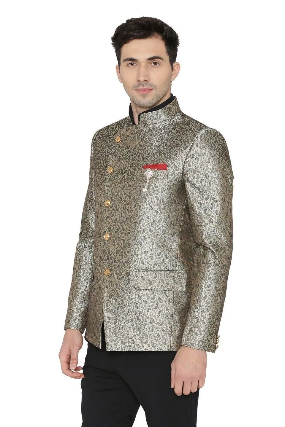Banarasi Rayon Cotton Grey Bandhgala