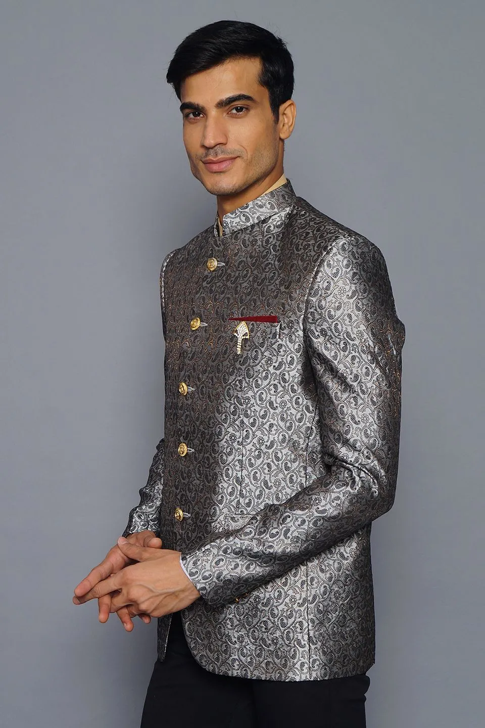 Banarasi Rayon Cotton Grey Bandhgala