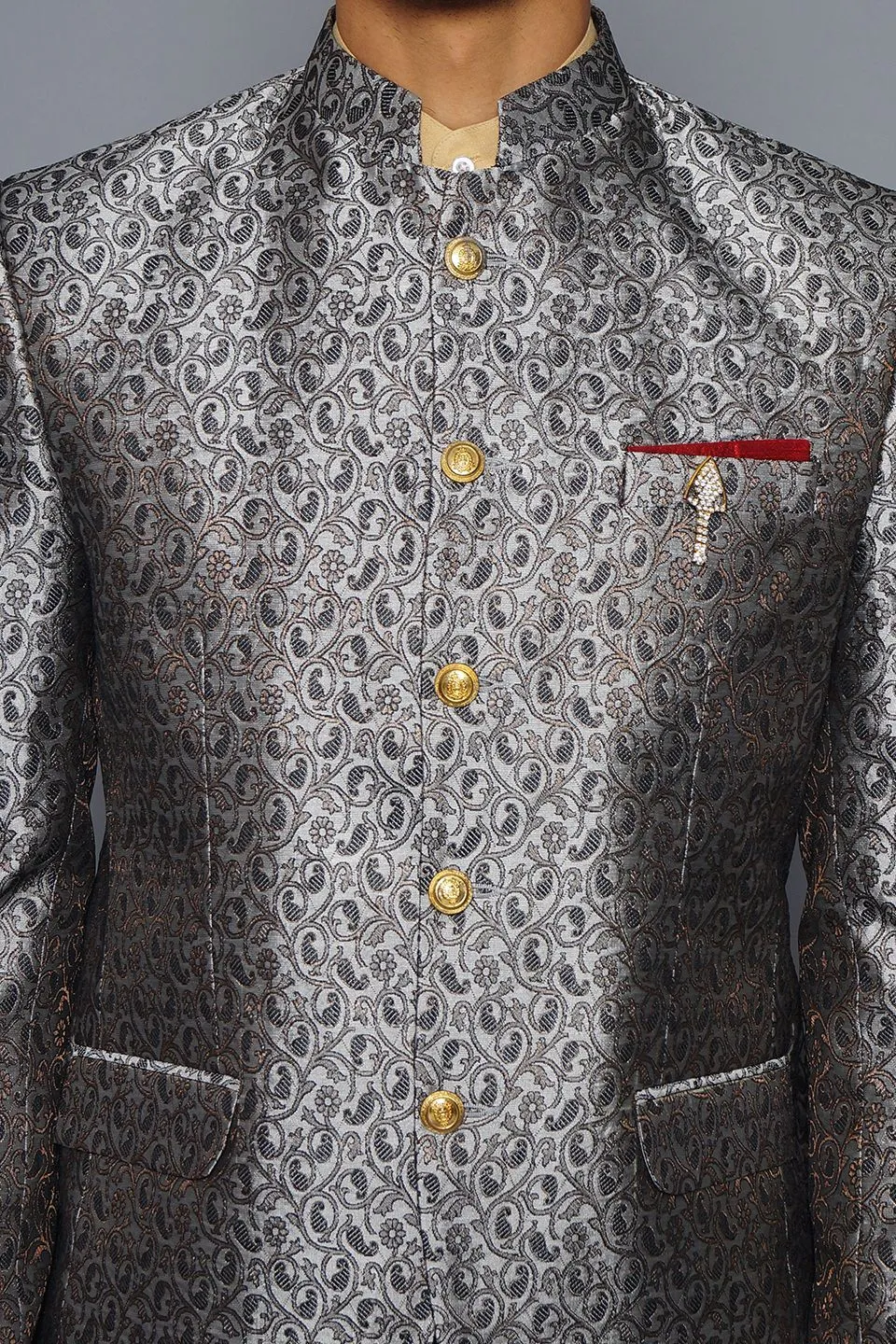 Banarasi Rayon Cotton Grey Bandhgala