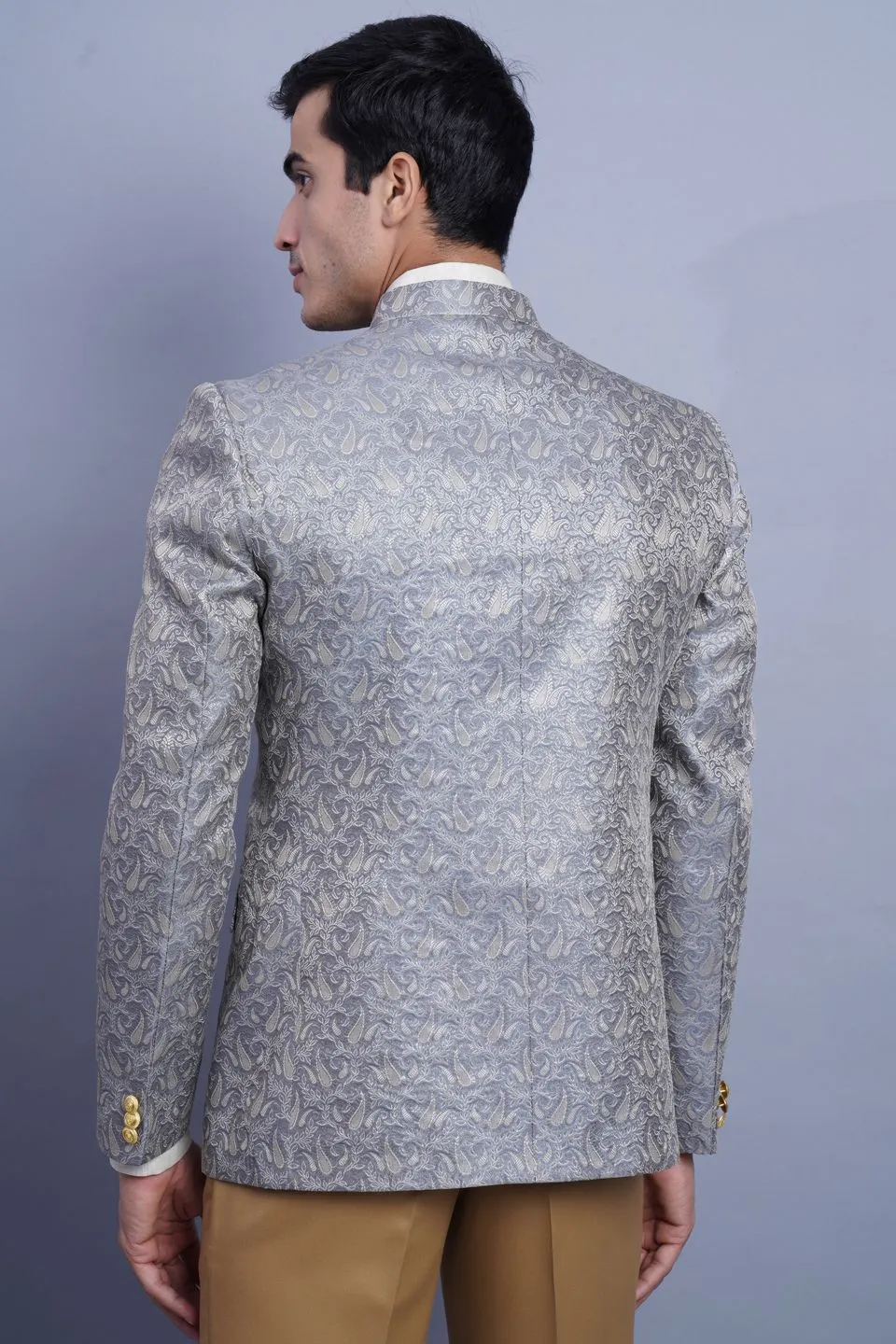 Banarasi Rayon Cotton Grey Bandhgala