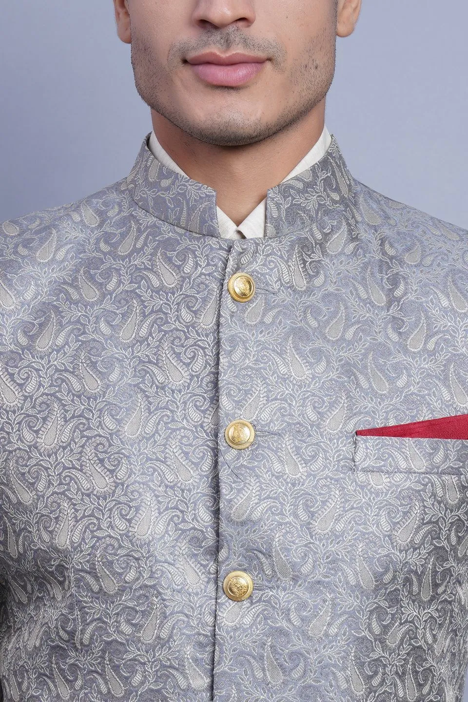 Banarasi Rayon Cotton Grey Bandhgala