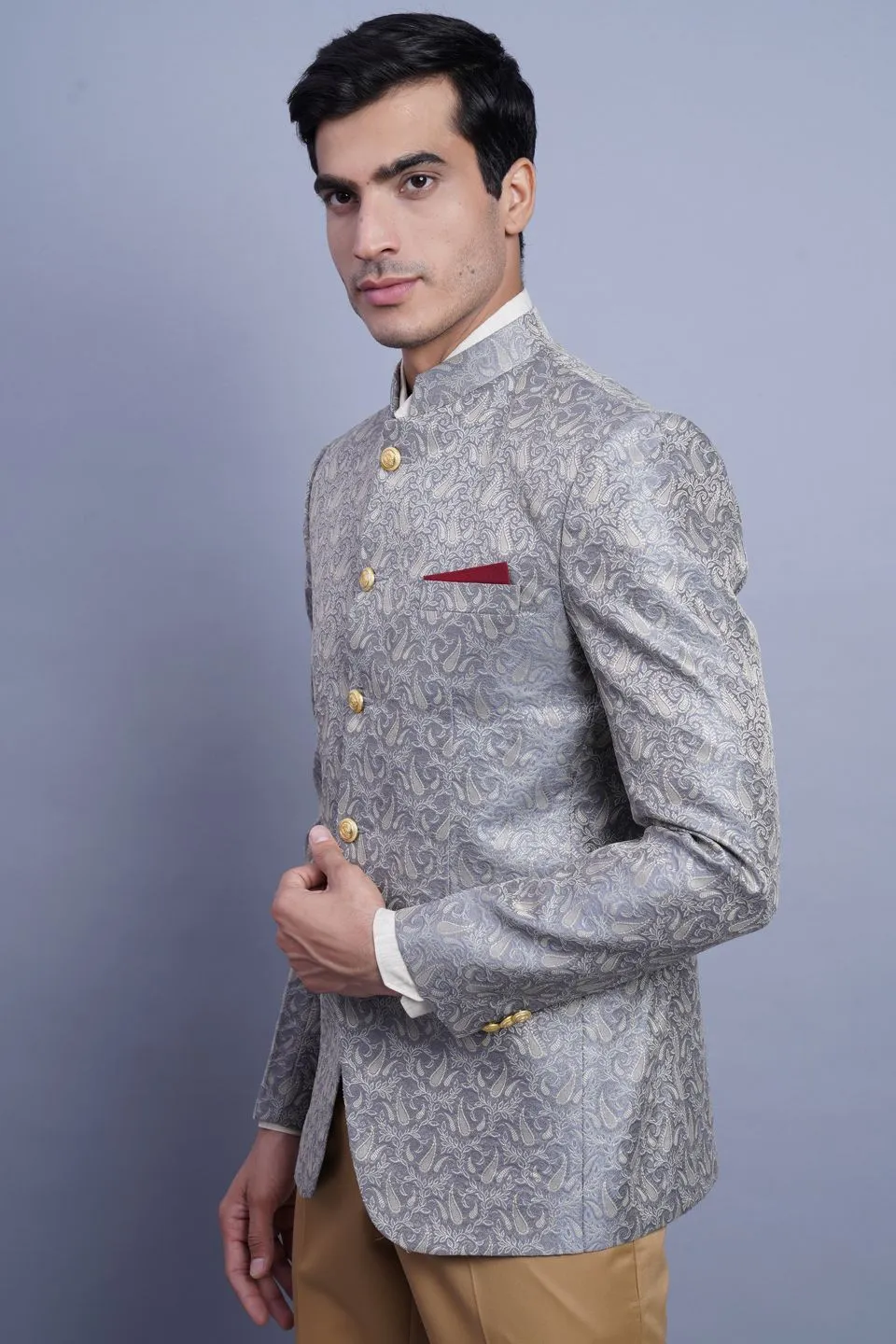 Banarasi Rayon Cotton Grey Bandhgala