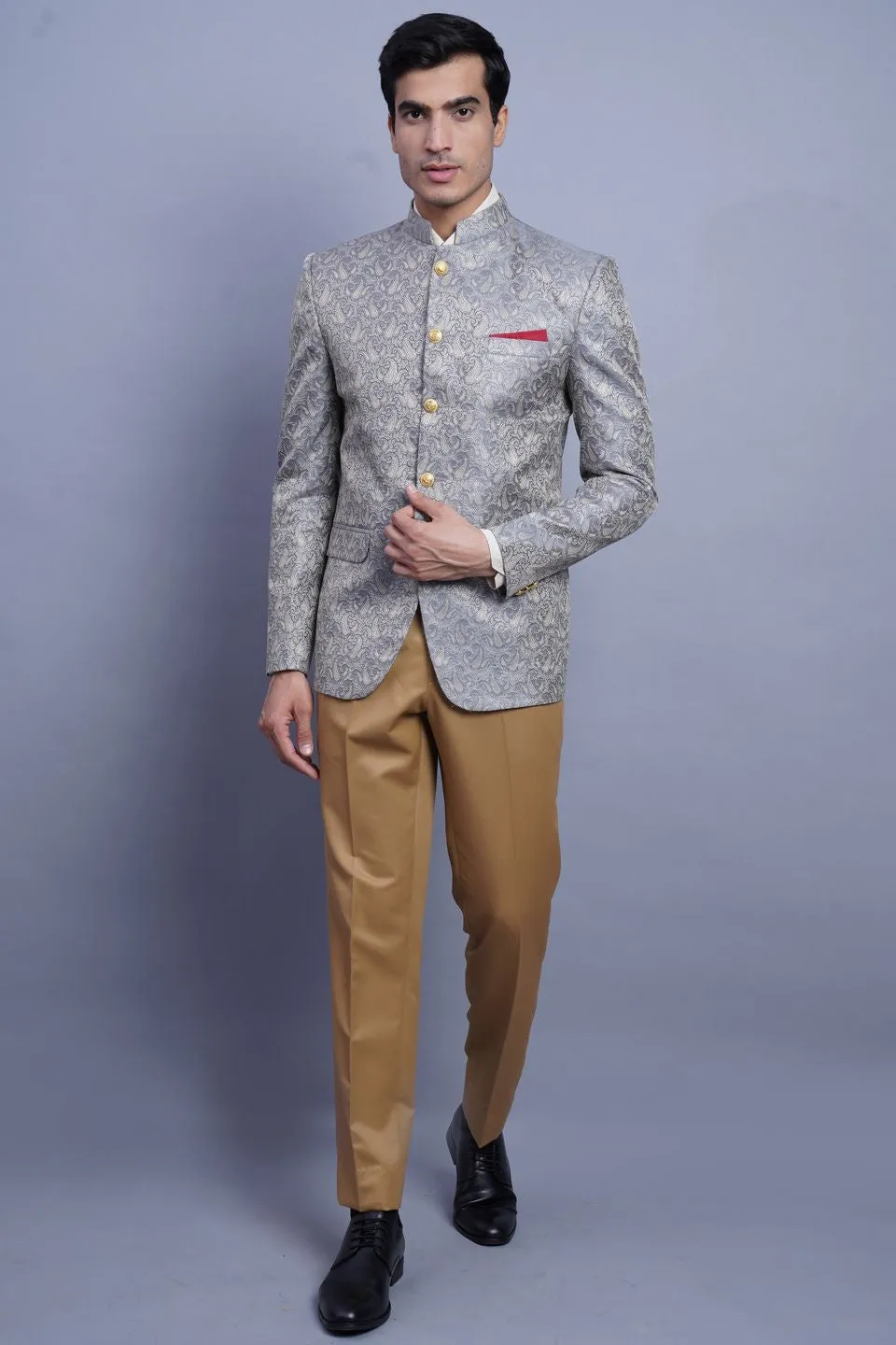 Banarasi Rayon Cotton Grey Bandhgala