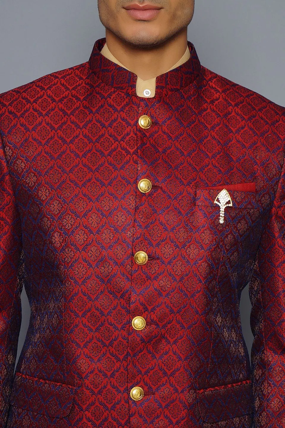 Banarasi Rayon Cotton Red Bandhgala